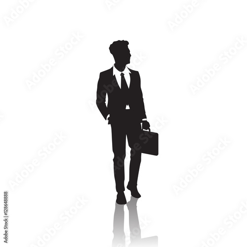 Business Man Black Silhouette Standing Full Length Over White Background Hold Briefcase Vector Illustration