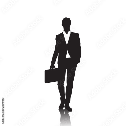 Business Man Black Silhouette Standing Full Length Over White Background Hold Briefcase Vector Illustration