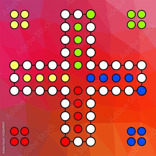 Vector board for a family game Ludo to four players on a red colored background