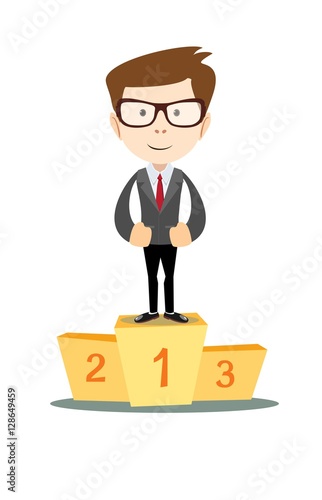 Businessman proudly standing on the winning podium