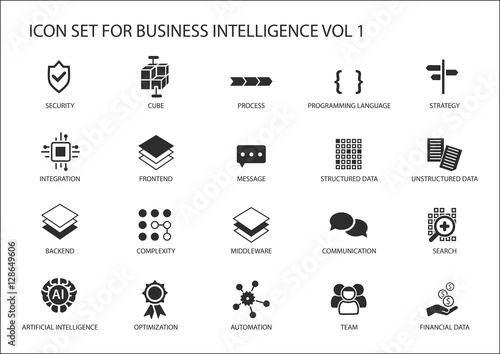 Business intelligence (BI) vector icon set