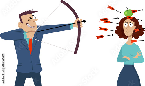 Smug businessman shooting arrows at the angry woman with an apple on her head, EPS 8 vector illustration