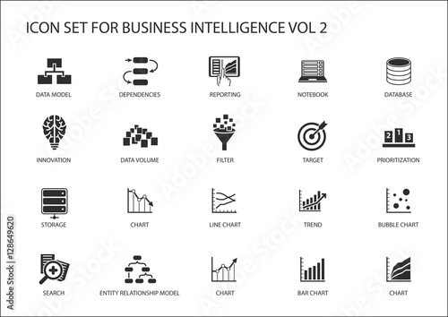 Business intelligence (BI) vector icon set