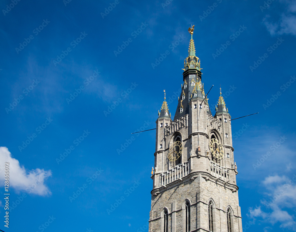 Grand Belfry with clock in Ghent, Belgium