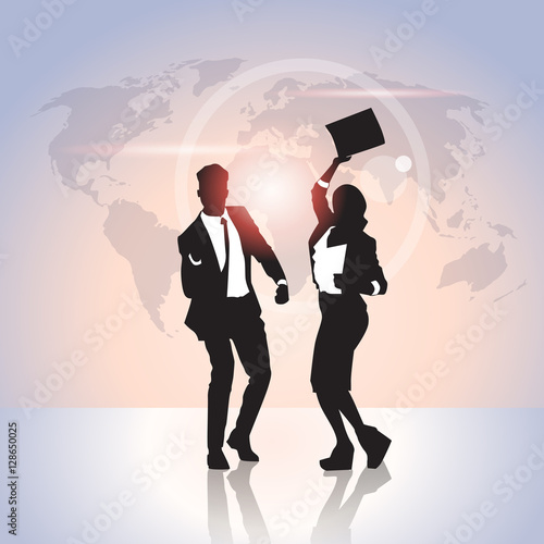 Business People Group Silhouette Excited Hold Hands Up Raised Arms, Businesswoman And Businss Man Winner Success Vector Illustration