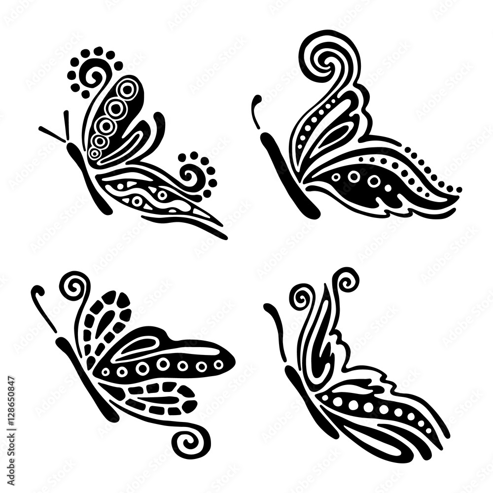 Obraz premium Set of vector black and white illustration of insect. Butterfly isolated on the white background. Hand drawn decorative graphic vector logo, icon, sign, symbol, illustration, tattoo.