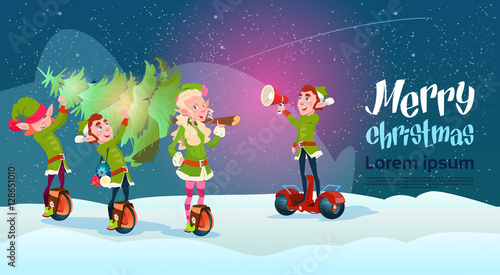 Elf Group Ride Electric Scooter Christmas Holiday Happy New Year Greeting Card Flat Vector Illustration