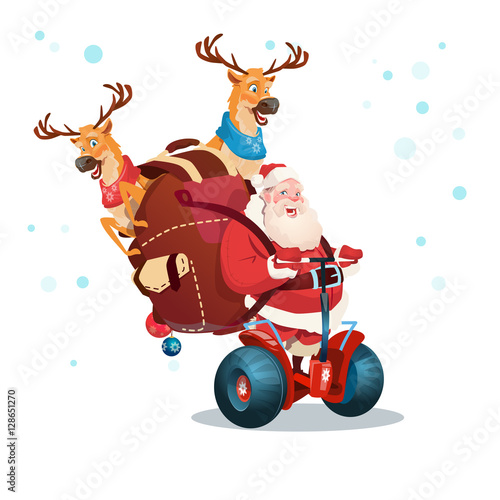 Santa Claus Deer Ride Electric Scooter Christmas Holiday Happy New Year Greeting Card Flat Vector Illustration