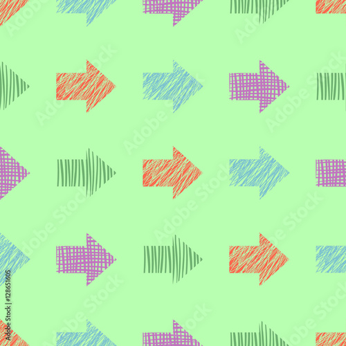 Seamless vector geometrical pattern with arrows. Green pastel endless background with hand drawn textured geometric figures. Graphic illustration