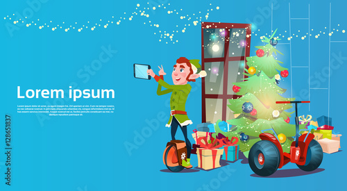 Elf Ride Mono Wheel Making Selfie Photo Decorated Fireplace Christmas Happy New Year Greeting Card Flat Vector Illustration