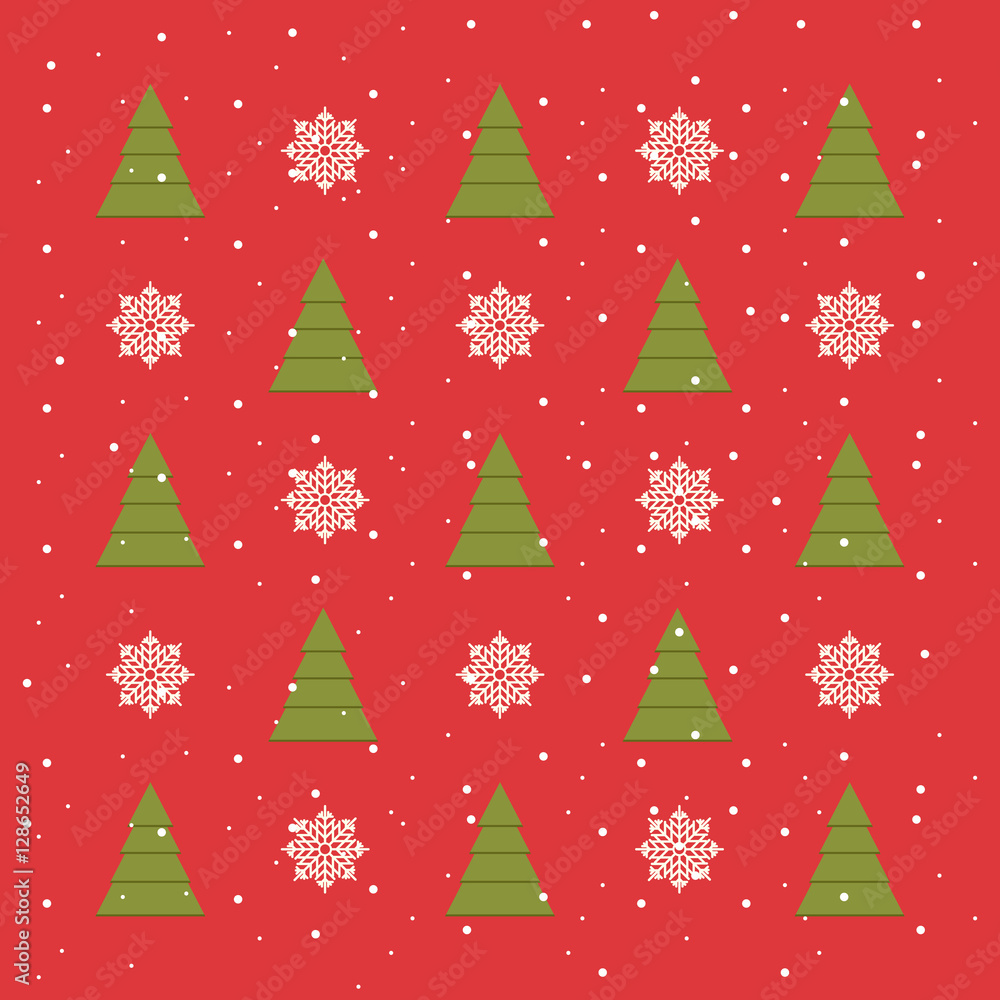 Red Christmas pattern with snowflakes, snow and Christmas trees Red Christmas pattern with snowflakes, snow and Christmas trees