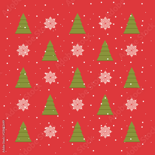 Red Christmas pattern with snowflakes, snow and Christmas trees