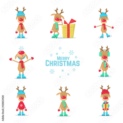 Collection of Christmas reindeer. Flat Vector Illustration.