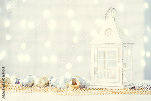 Wallpaper Mural Christmas lantern and ball on snow. holiday lights bokeh background Torontodigital.ca