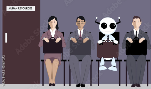 Cartoon robot sitting in line with applicants for a job in front of a human resources office, EPS 8 vector illustration