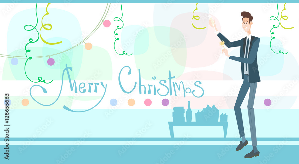 Business Man Celebrate Merry Christmas And Happy New Year Flat Vector Illustration