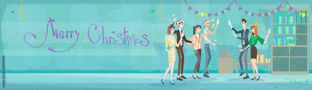 Fototapeta premium Businesspeople Celebrate Merry Christmas And Happy New Year Business People Team Santa Hat Flat Vector Illustration