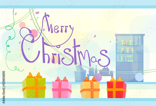 Office Interior Merry Christmas And Happy New Year Celebration Decoration Flat Vector Illustration