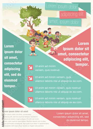 Template for advertising brochure with cute cartoon kids playing. Sports and recreation.
