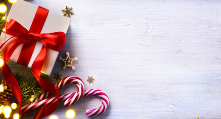 Christmas holidays composition on white wooden background with C