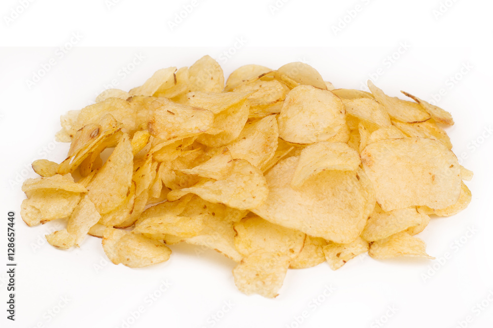 top view of potato snacks pile isolated on white