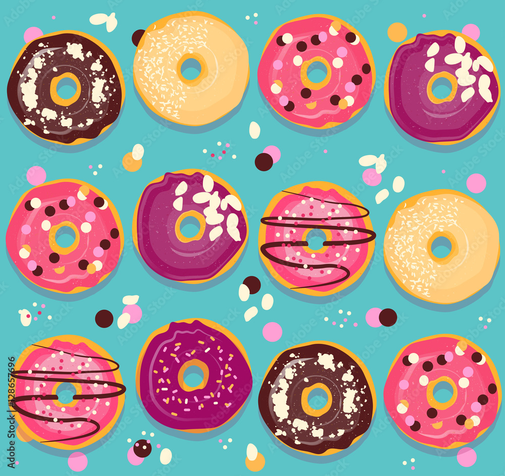Donuts collection cheerful pattern. Bright seamless back with doughnut. Donuts collection cheerful pattern. Bright seamless back with doughnut.