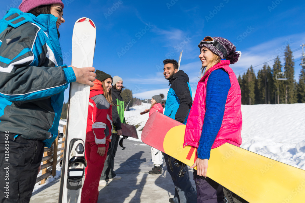 Group Of People Ski And Snowboard Resort Winter Snow Mountain Happy Smiling Friends Talking Holiday Extreme Sport Vacation