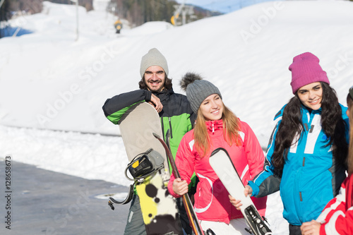 Group Of People Ski And Snowboard Resort Winter Snow Mountain Cheerful Happy Smiling Friends Talking Holiday Extreme Sport Vacation