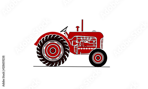 Old farm tractor side on view illustration