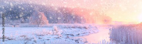 Christmas sunny background. Panoramic landscape of frosty winter