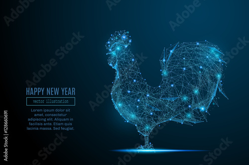 Abstract image of a new year rooster in the form of a starry sky or space, consisting of points, lines, and shapes in the form of planets, stars and the universe. Christmassy vector wireframe concept.