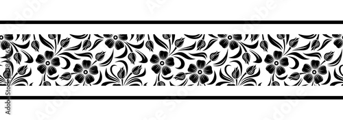 Vector horizontal black and white seamless border with flowers.