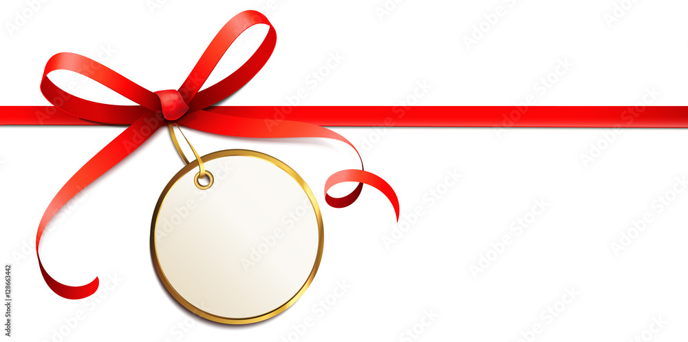 Rote Schleife horizontal mit Gold Etikett, rund Rote Schleife horizontal mit Gold Etikett, rund