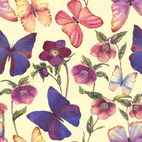 Hand-drawn watercolor floral seamless pattern with the tender hellebore flowers and butterflies. Natural tropical and vibrant repeated print for textile  wallpaper etc. Tropical pattern