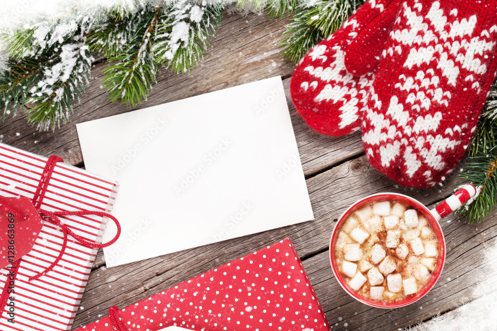 Fototapeta premium Christmas greeting card, tree, mittens and hot chocolate