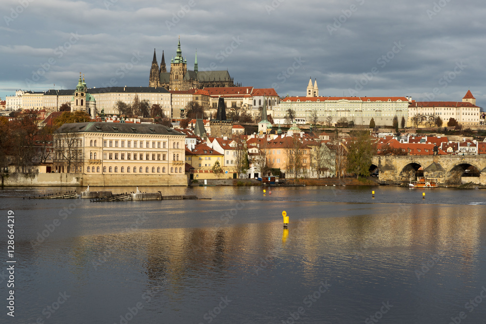 Prague Castle  and St.Vitus Cathedral , reflections on the Vitava river in Prague