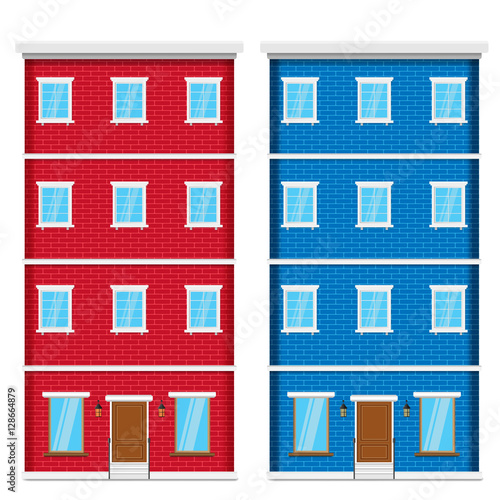 facade of a brick house. blue and red. vector illustration