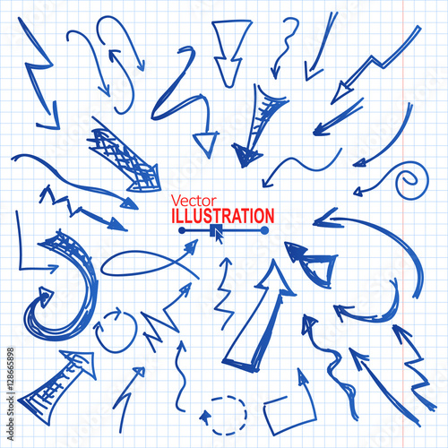 Set of Blue Hand Drawn Pencil Arrows on Squared Paper Background. Vector illustration.