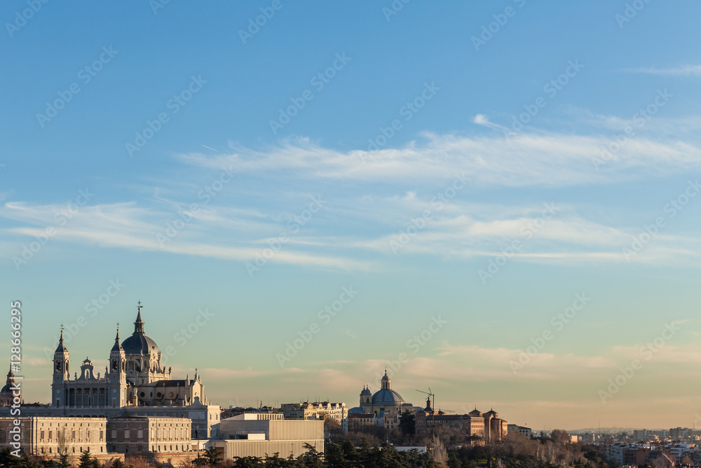 View of a Spanish palace from a hill during the sunset