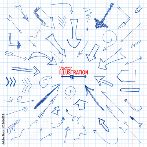 Set of Blue Hand Drawn Pencil Arrows on Squared Paper Background. Vector illustration.
