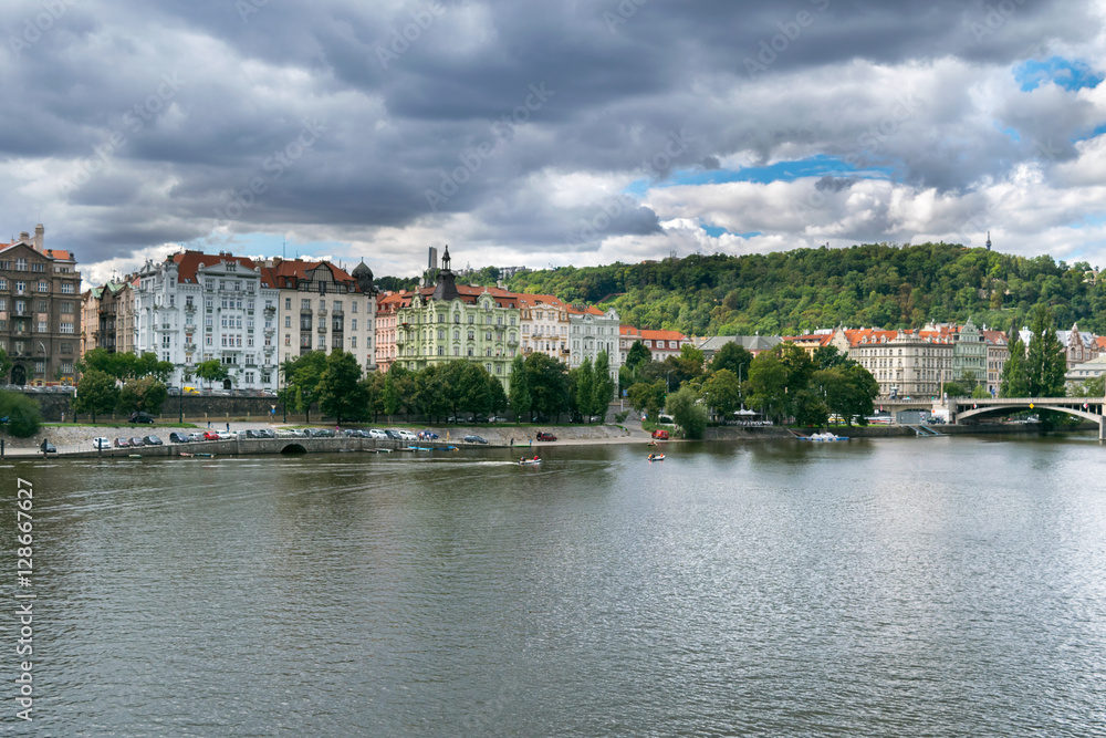 Autumn landscape, overview Charles Bridge and Vltava River, Prague, Czech Republic, Europe
