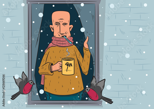 A sick man stands near a window and looks at the snowfall. Winter illustration. Eps 10