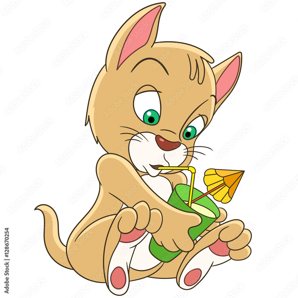 Cute and happy cartoon kitty cat drinking juice or cocktail, isolated ...
