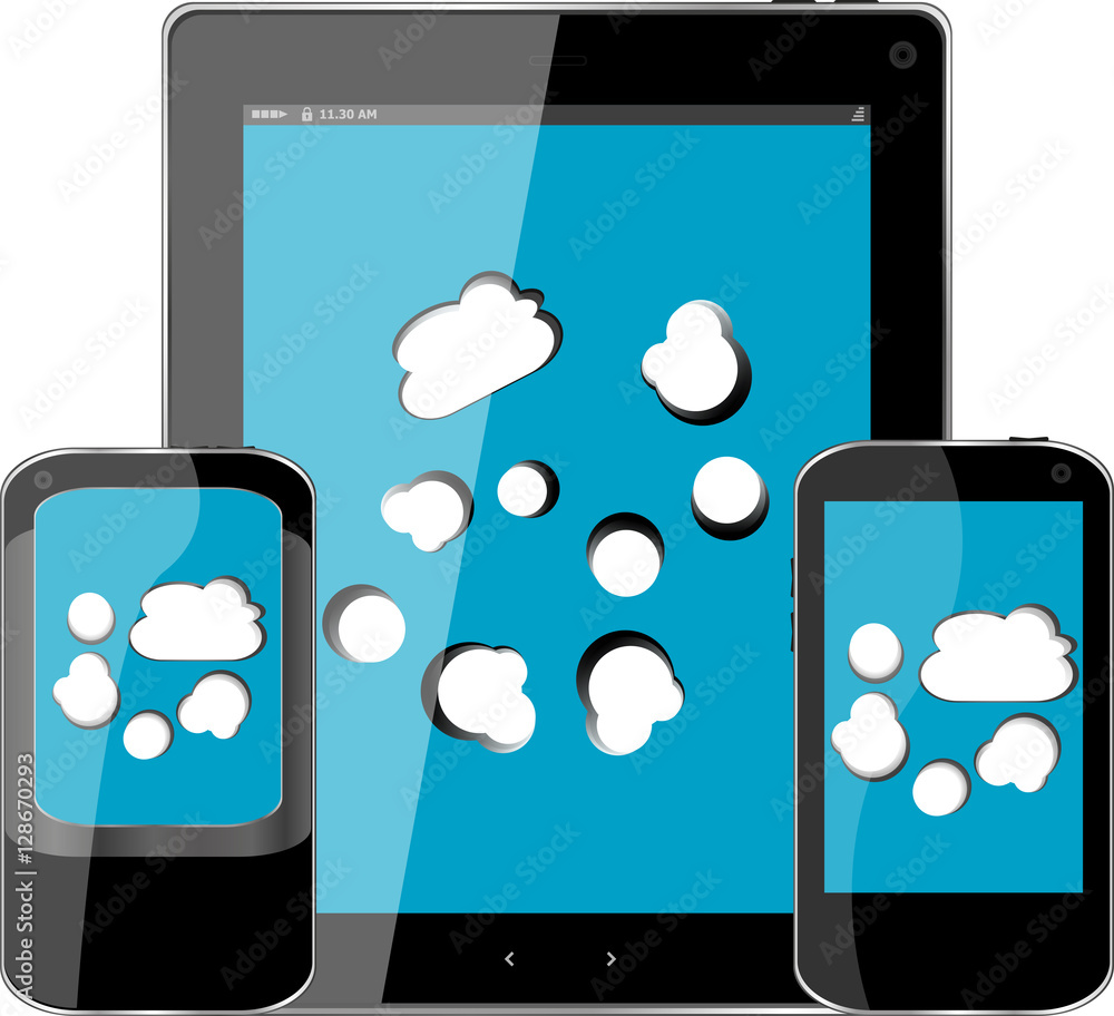 mobile smart phone and digital tablet pc with cloud on the screen mobile smart phone and digital tablet pc with cloud on the screen
