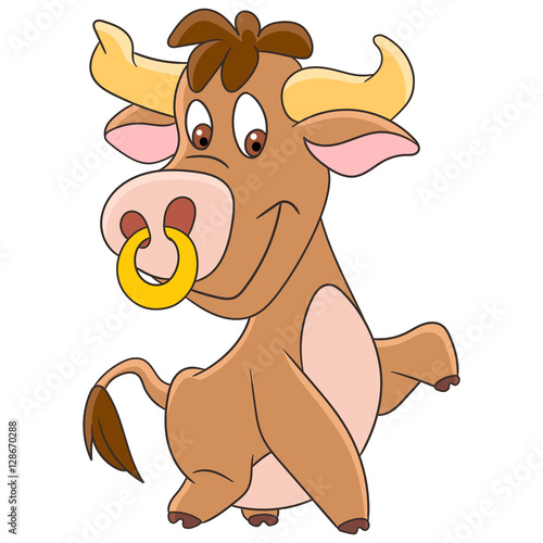 Cute and happy cartoon american bull (buffalo, ox, bison), isolated on white background. Childish vector illustration and colorful book page for kids.