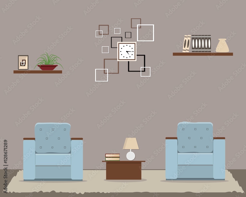 Living room in cocoa color. There is a two blue armchairs, a square clock, a shelves and other objects in the picture. Vector flat illustration Living room in cocoa color. There is a two blue armchairs, a square clock, a shelves and other objects in the picture. Vector flat illustration