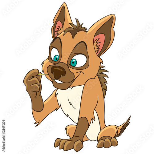 Cute and happy cartoon jackal (coyote, hyena), isolated on white background. Childish vector illustration and colorful book page for kids.