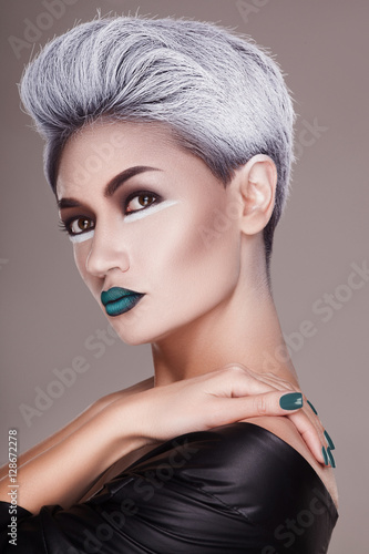 creative and futuristic look of fashion woman with white hair