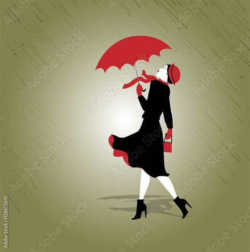 woman and umbrella in the rain illustration