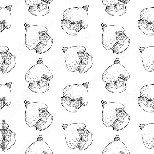 Seamless pattern of vintage hand drawn balls and house toys. Christmas and New Year design elements